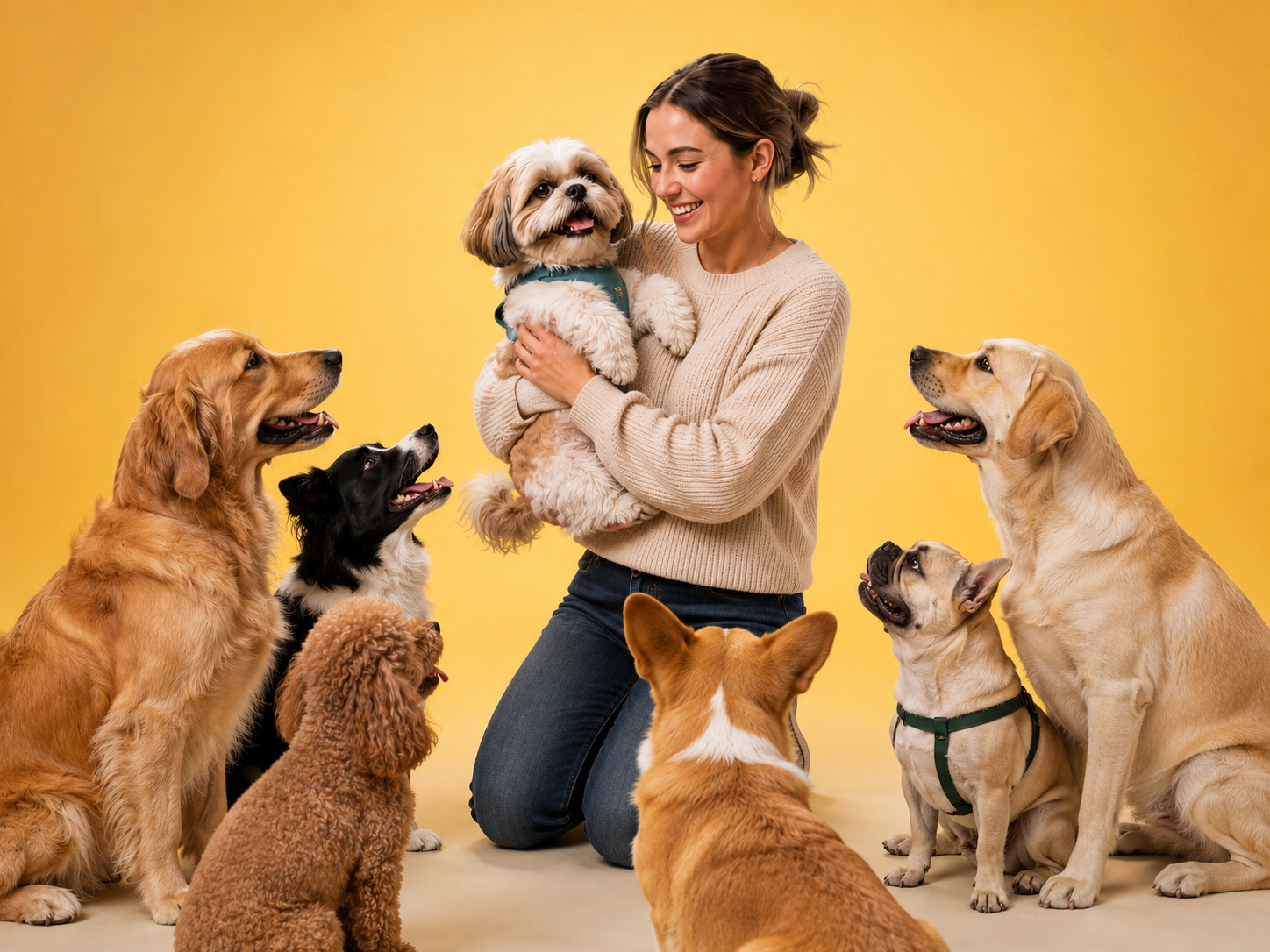 A woman surrounded by six happy dogs, holding a small Shih Tzu