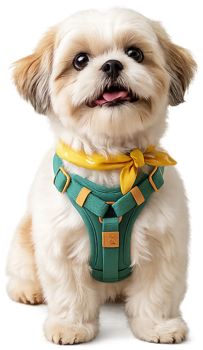 A happy Shih Tzu wearing a bandana and harness