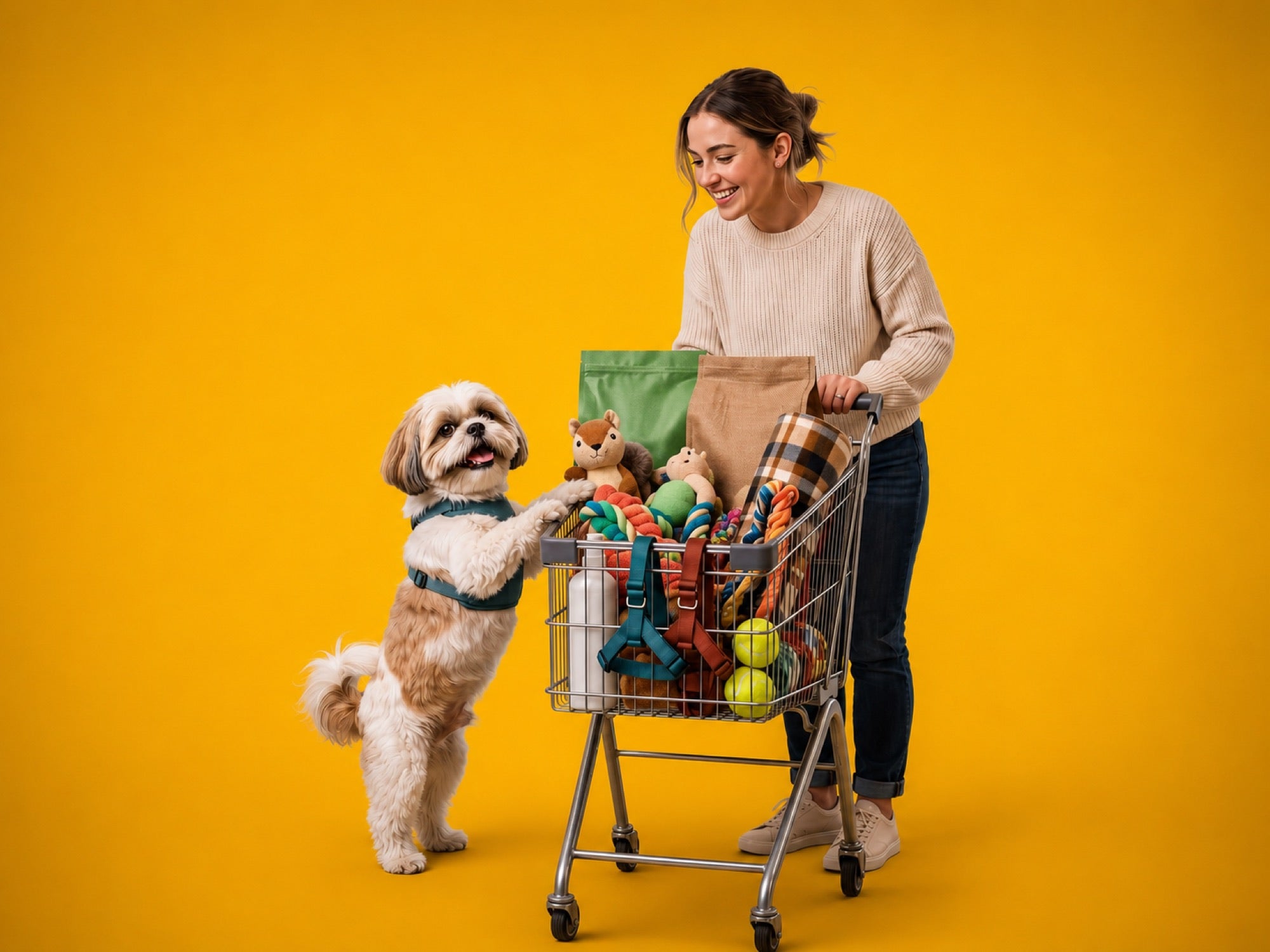 A woman shopping for pet supplies with her dog pawing at the cart