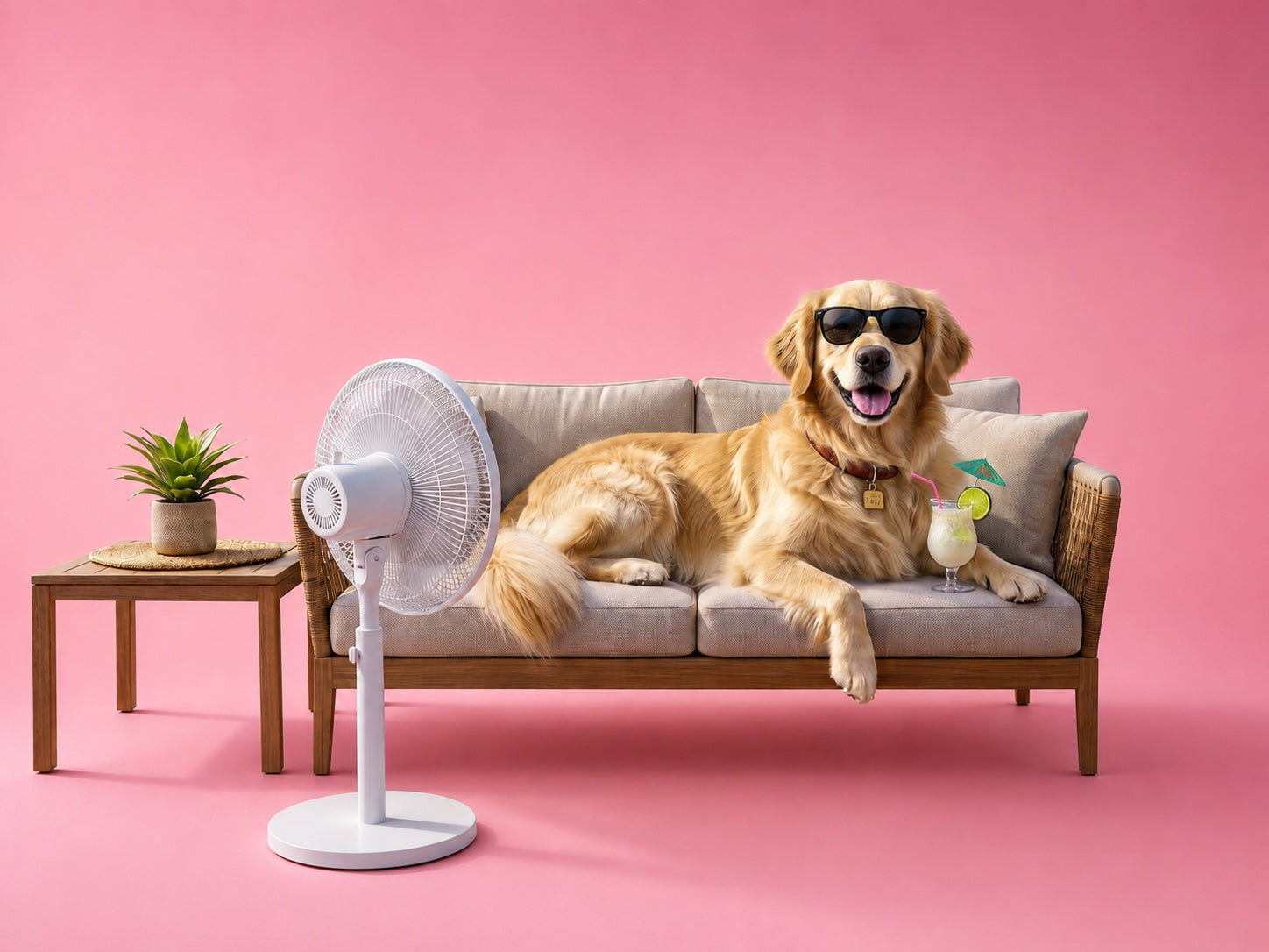 A golden retriever in sunglasses relaxing on a couch at a desert oasis